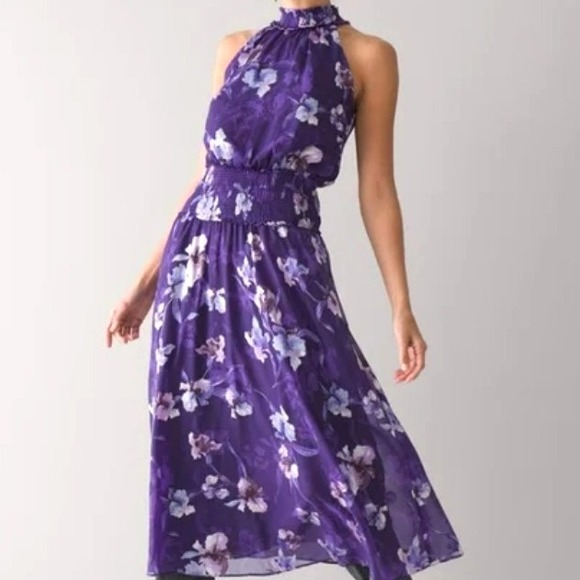 WHITE HOUSE BLACK MARKET Size 4 Purple Iris Floral Smocked Halter Midi Dress - Picture 1 of 9